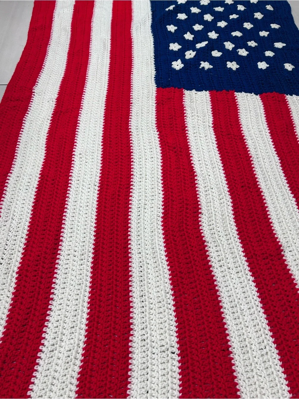 Vintage Hand Crocheted American Flag 3D Stars 42”x76” Blanket Throw Afghan